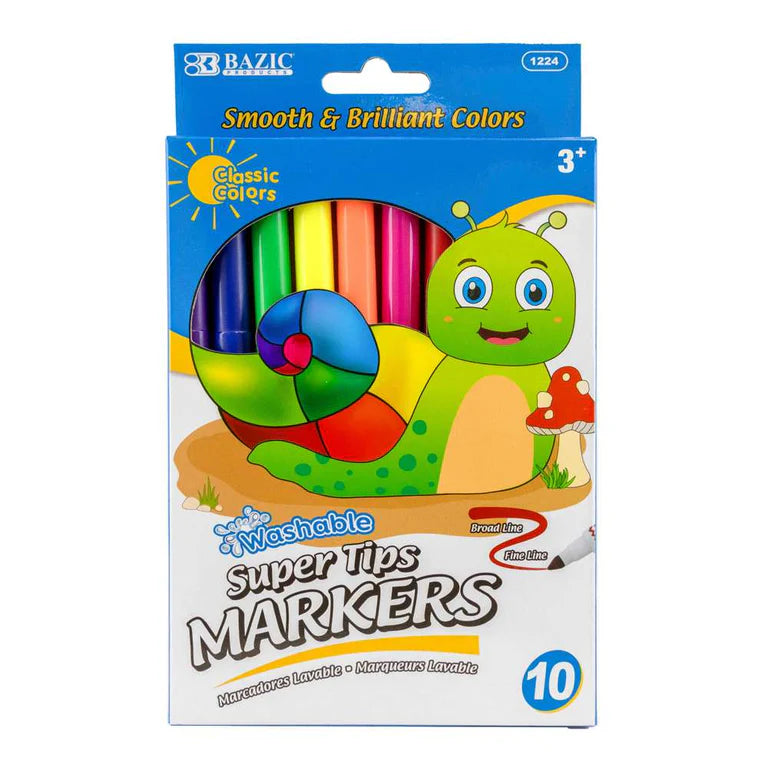 BAZIC 10 Colors Super Tip Washable Markers