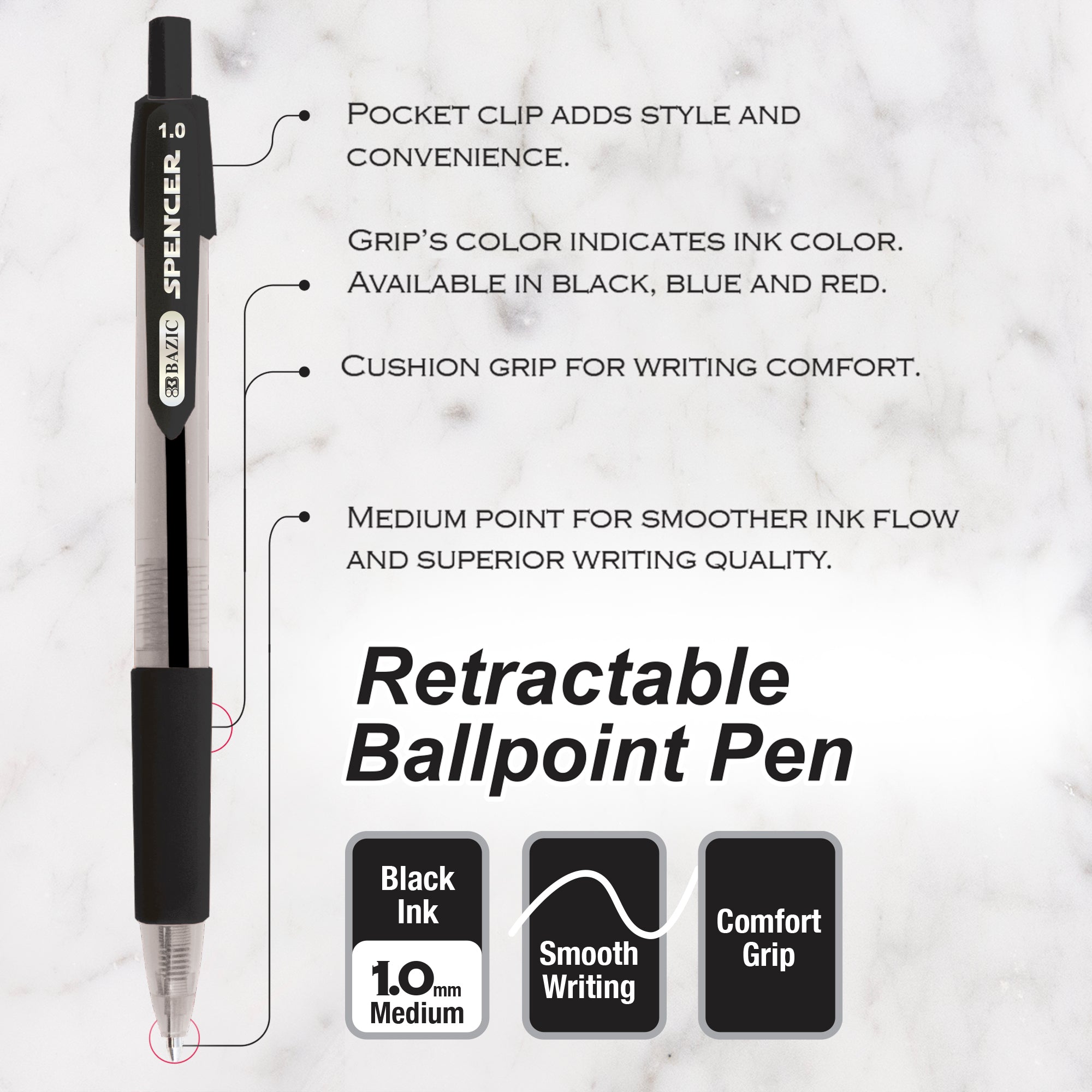 BAZIC Spencer Black Retractable Pen w/ Cushion