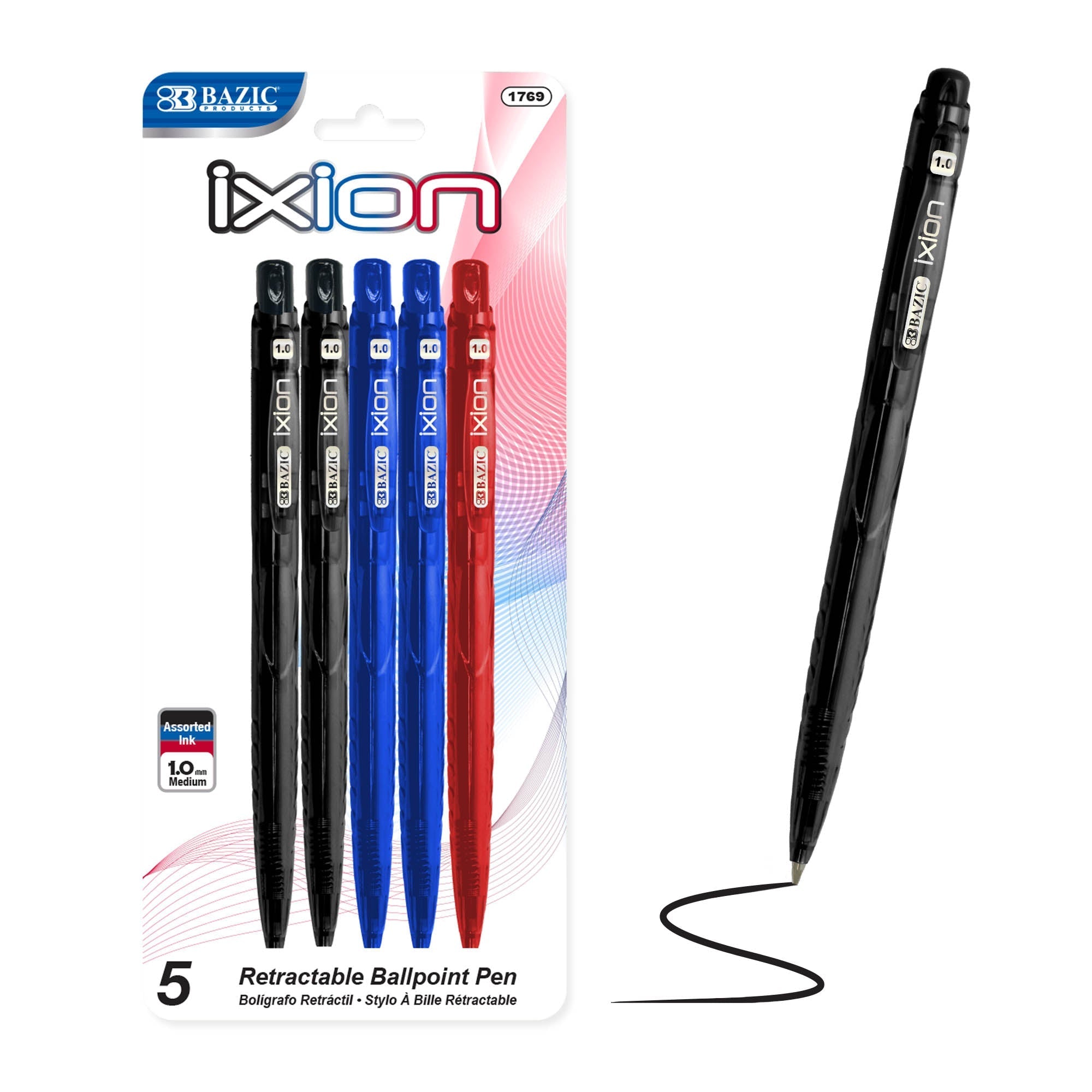 BAZIC Ixion Assorted Color Retractable Pen 5pk