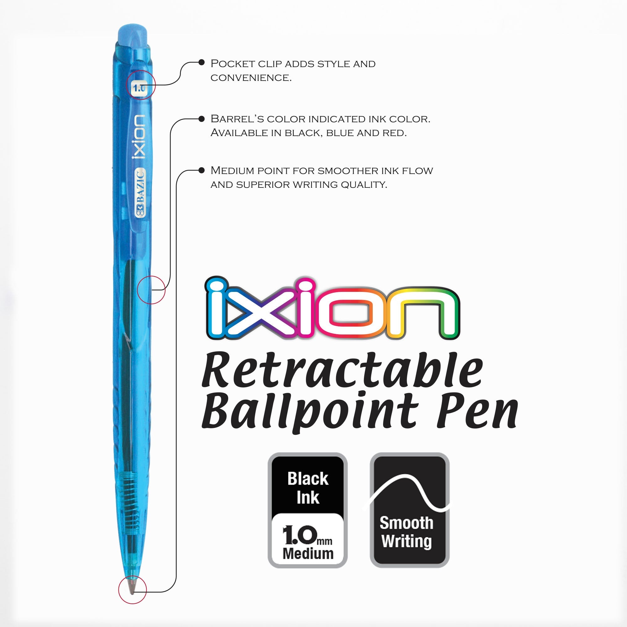 BAZIC Ixion Dazzle Black Color Retractable Pen 5pk