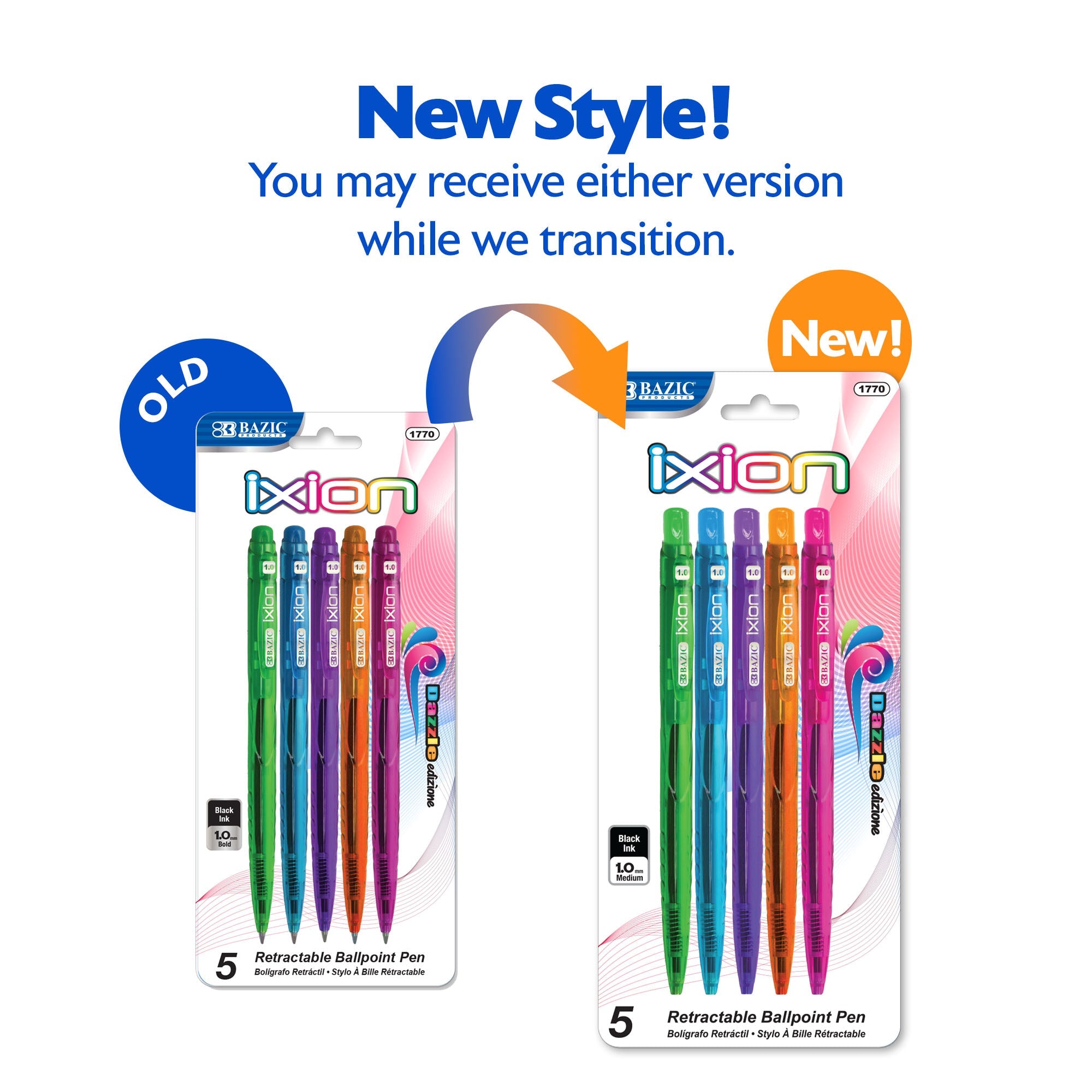 BAZIC Ixion Dazzle Black Color Retractable Pen 5pk