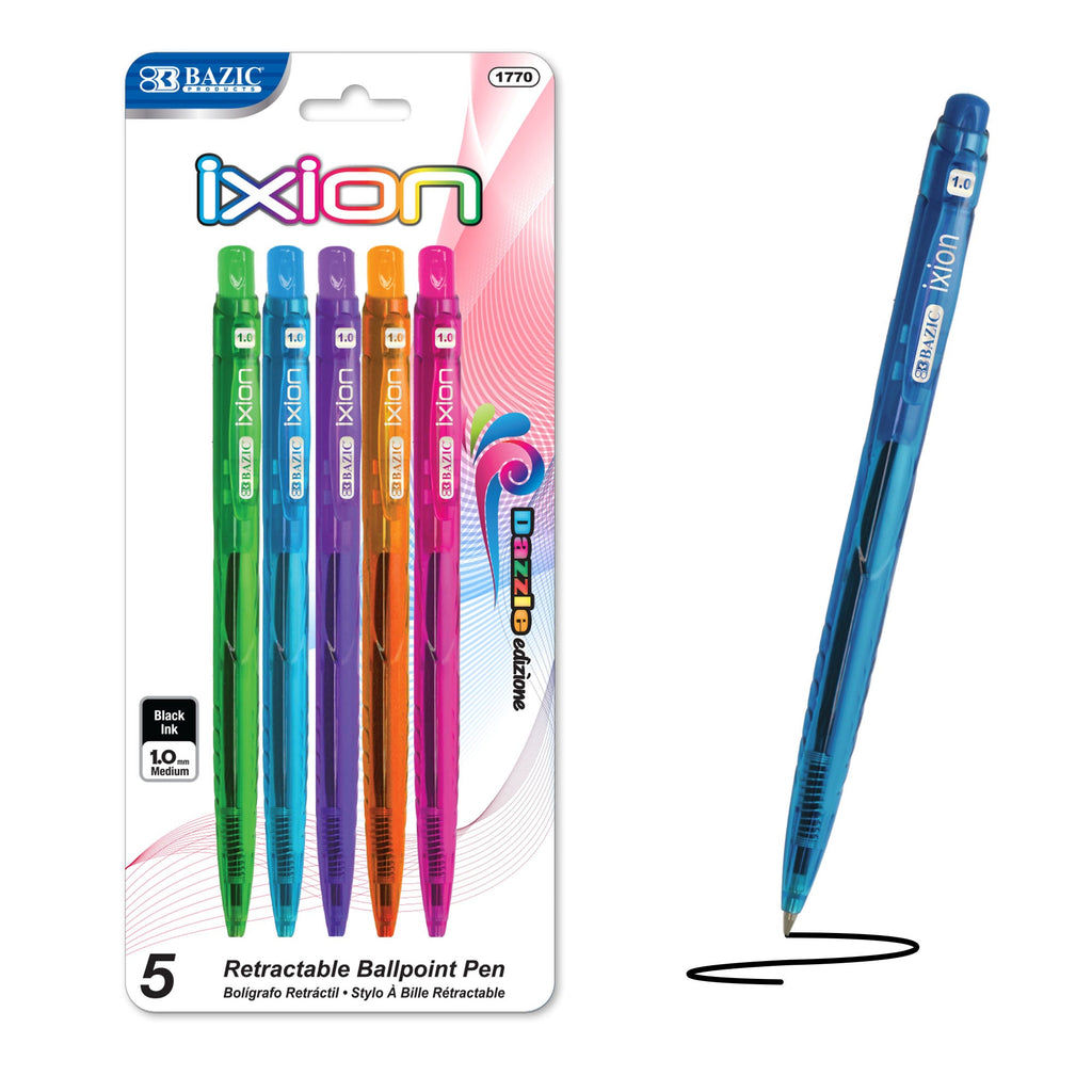 BAZIC Ixion Dazzle Black Color Retractable Pen 5pk