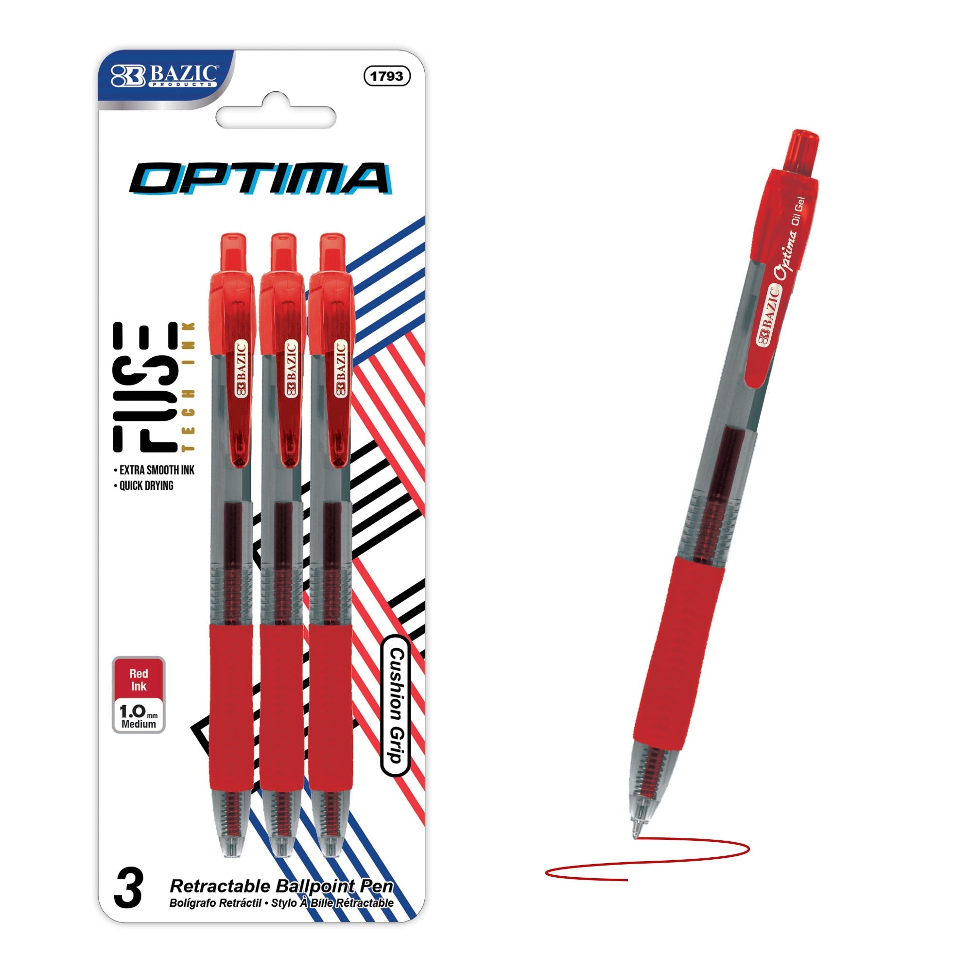 BAZIC Optima Red Oil-Gel Ink Retractable Pen