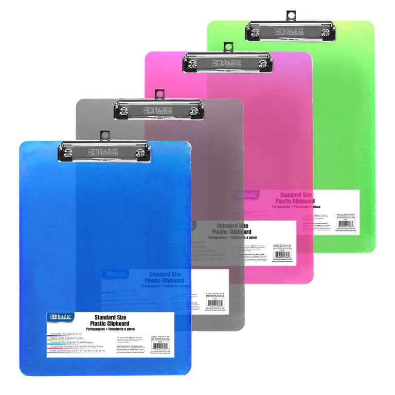 Set of four colorful clipboards in blue, pink, gray, and green on a white background.