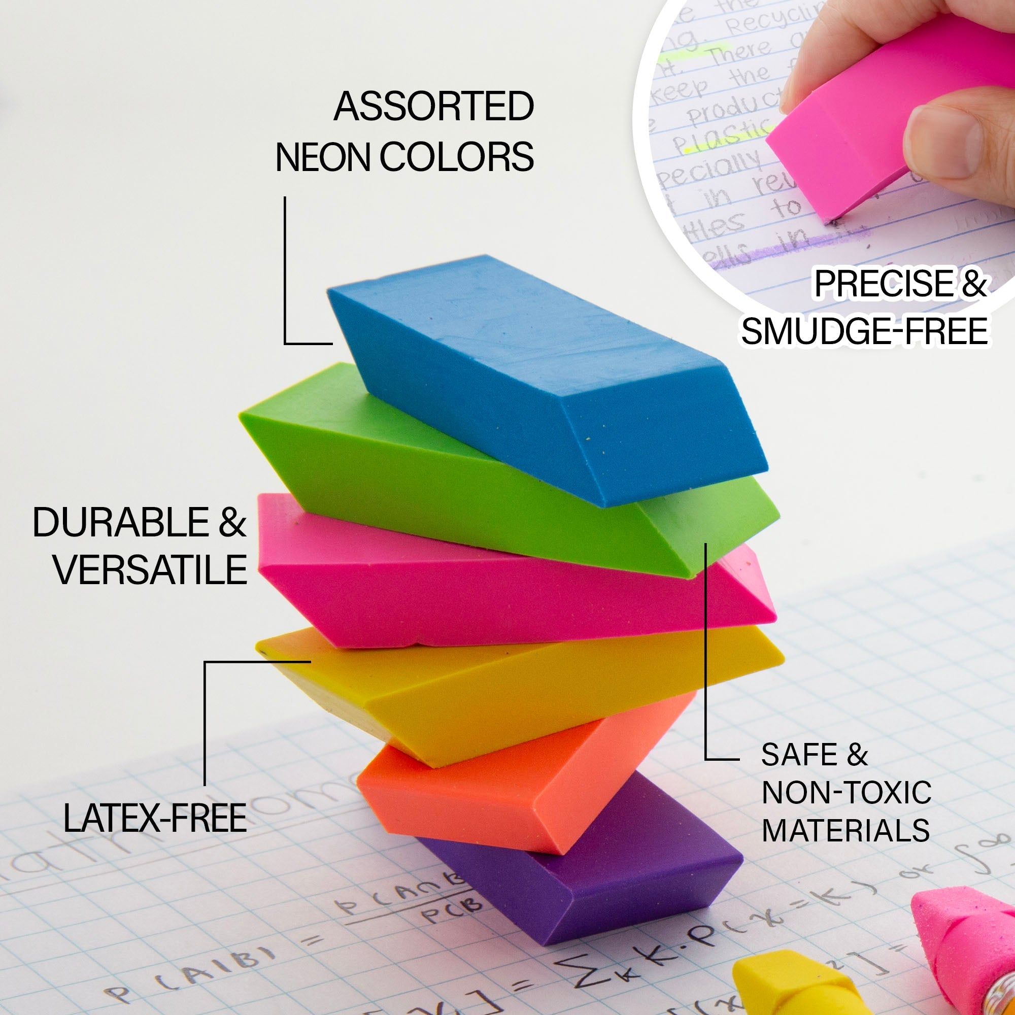 BAZIC Neon Bevel Eraser (6/Pack)
