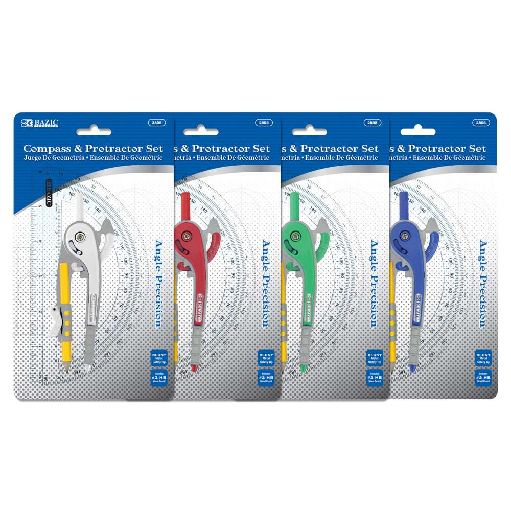 BAZIC Scale-Arm Compass w/ #2 Wood Pencil & Clear Protractor Set