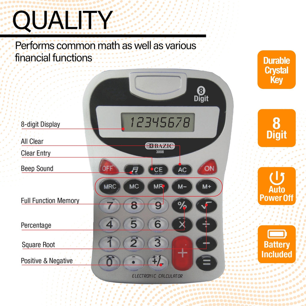 BAZIC 8-Digit Silver Desktop Calculator w/ Tone