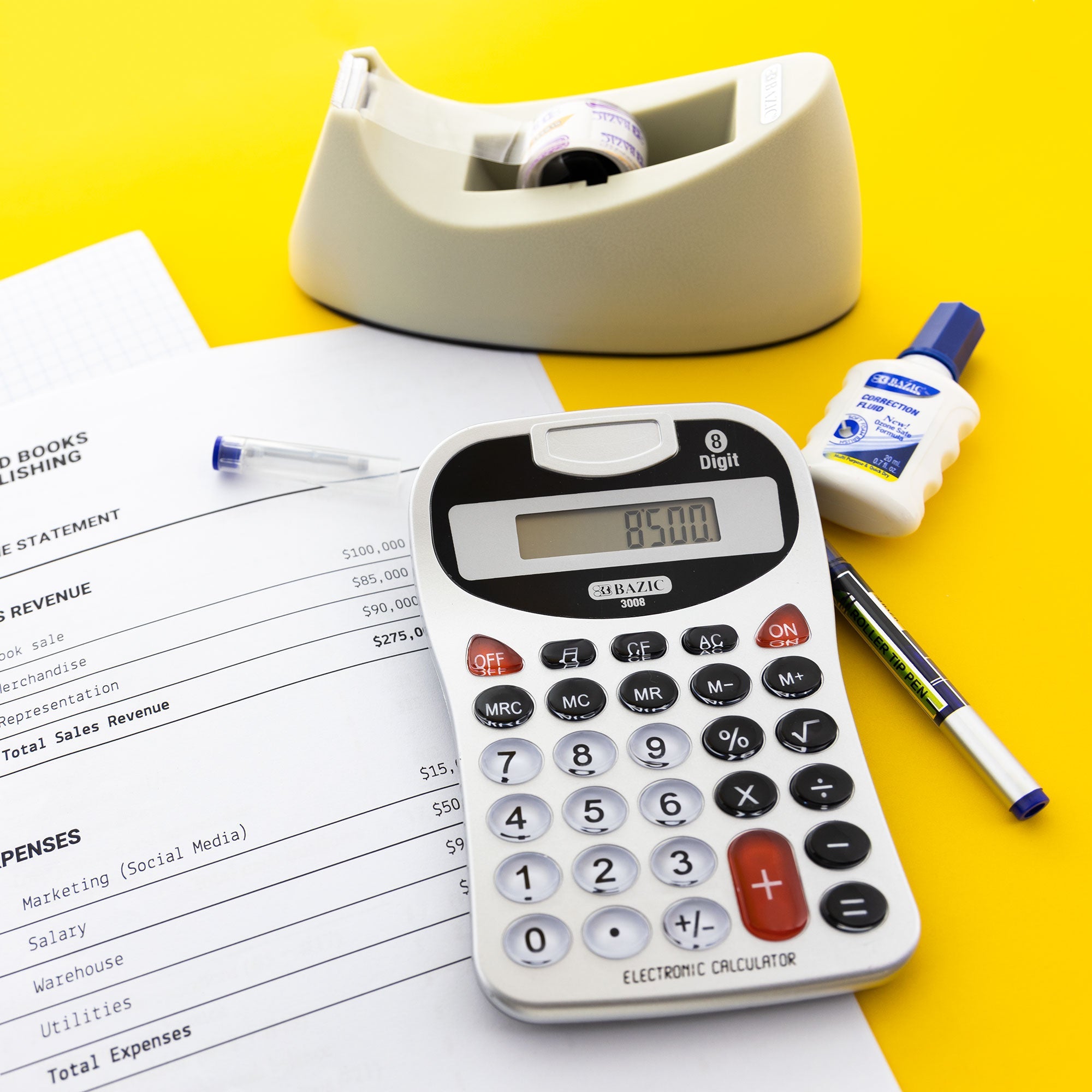 BAZIC 8-Digit Silver Desktop Calculator w/ Tone