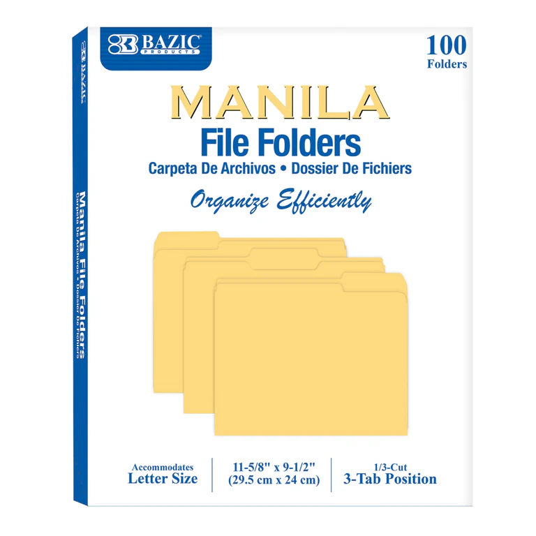 BAZIC 1/3 Cut Letter Size Manila File Folder 100pc