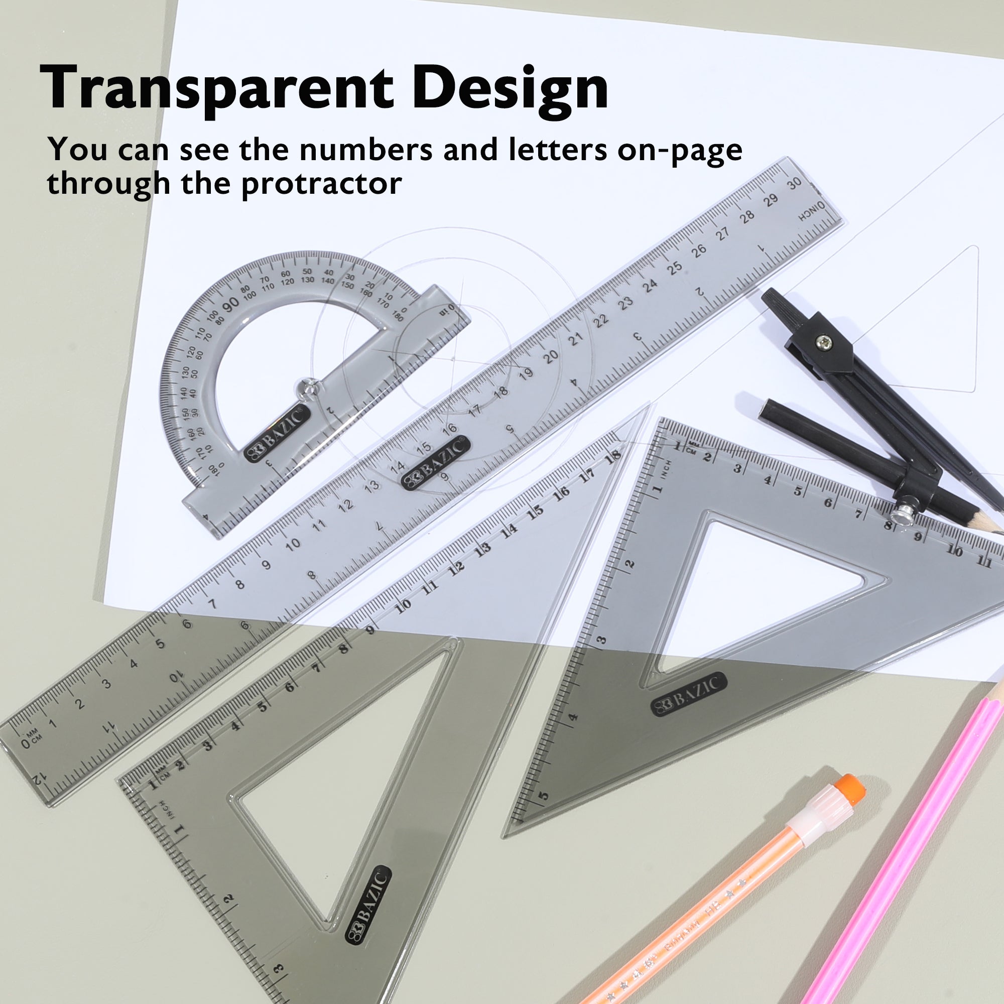 BAZIC 4-Piece Geometry Ruler Combination Sets