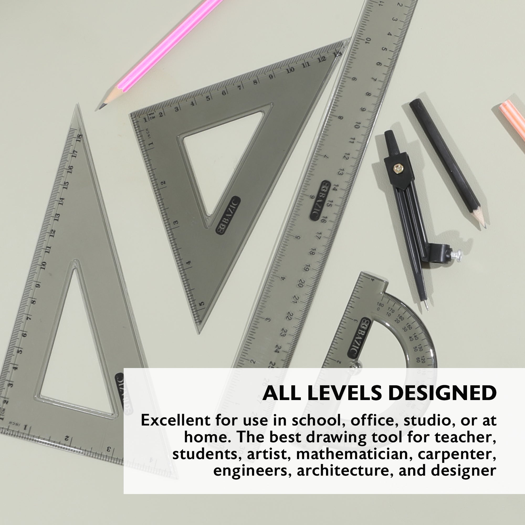BAZIC 4-Piece Geometry Ruler Combination Sets