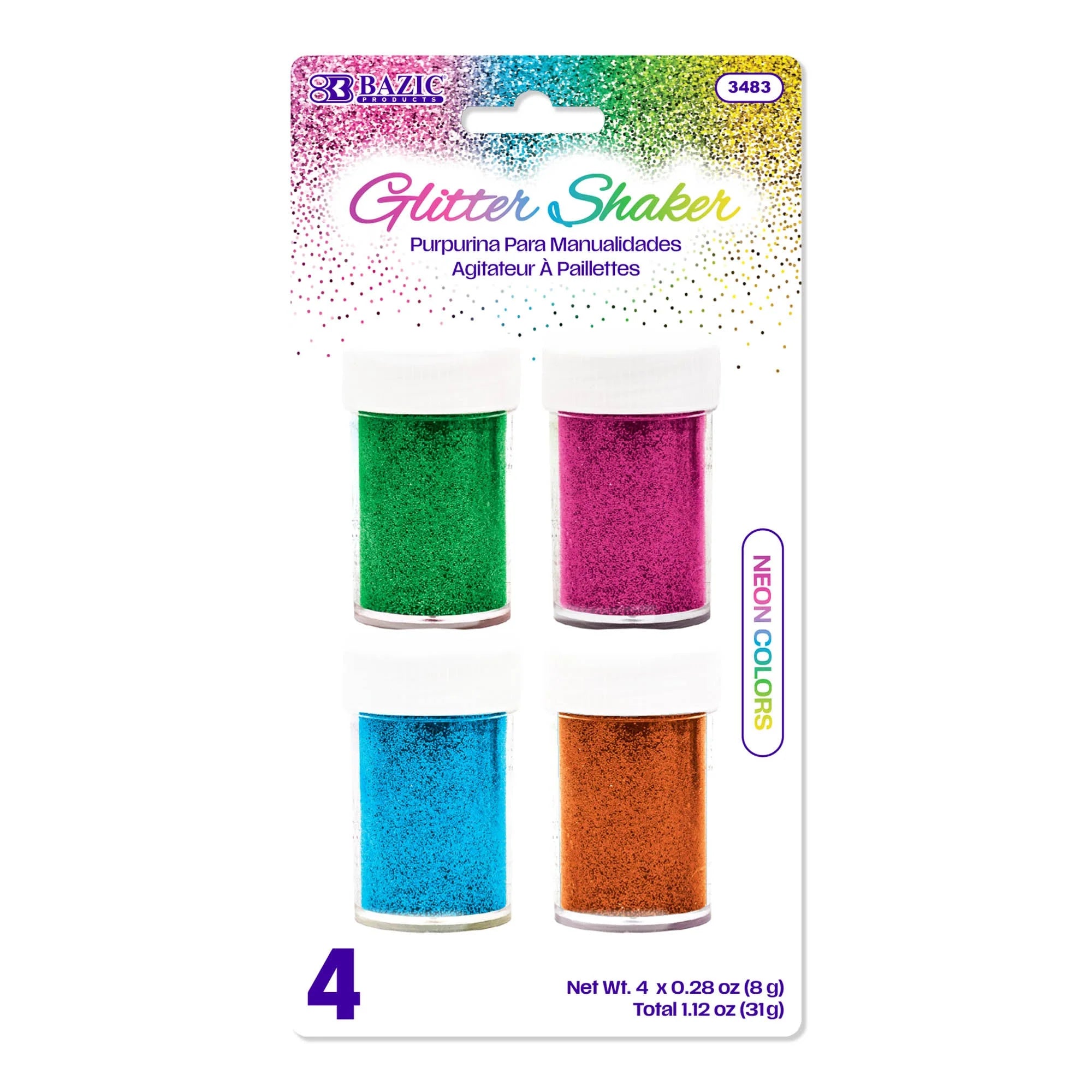 BAZIC 0.28 oz (8g) 4 Neon Color Glitter Shaker