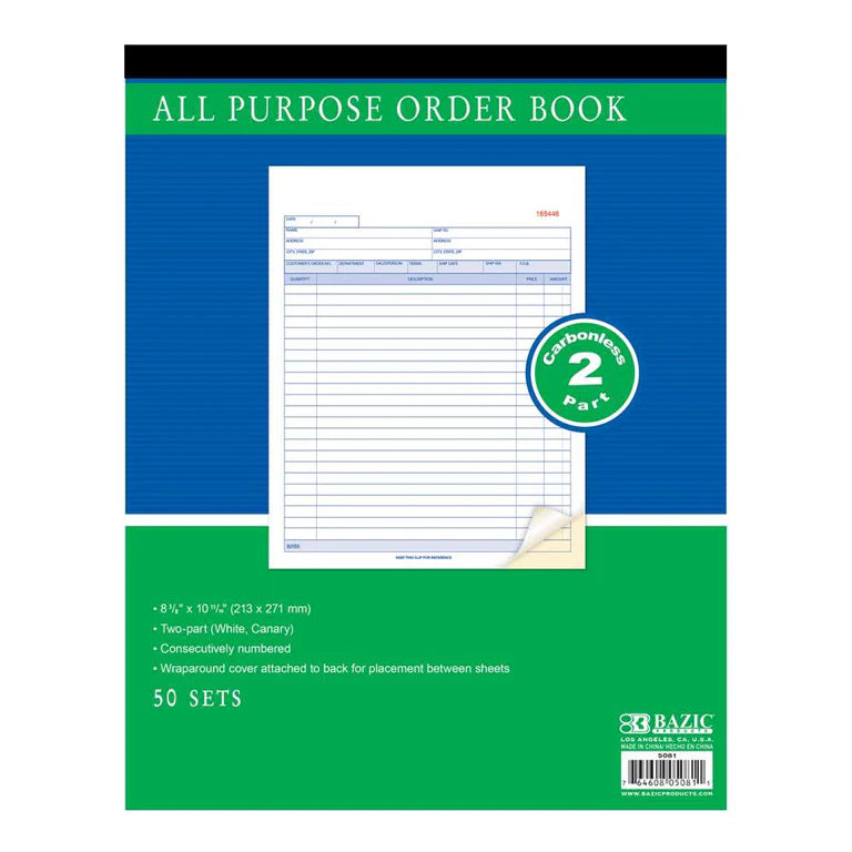 BAZIC 50 Sets 8 3/8" x 10 11/16" 2-Part Carbonless All Purpose Order Book