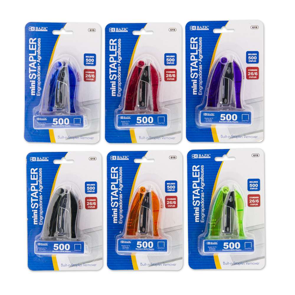 BAZIC Mini Stand-Up Standard (26/6) Stapler w/ 500 Ct Staples