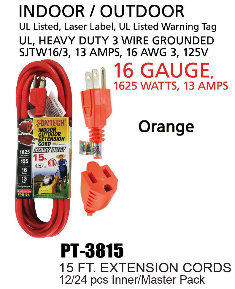 Heavy Duty UL Orange Indoor/Outdoor Extension Cord (15 ft.)