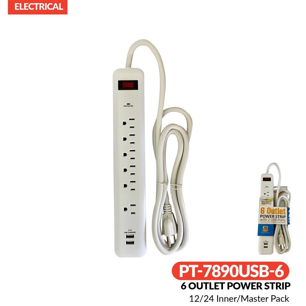 6 Outlet Power Strip With 2 USB 6 Ft.