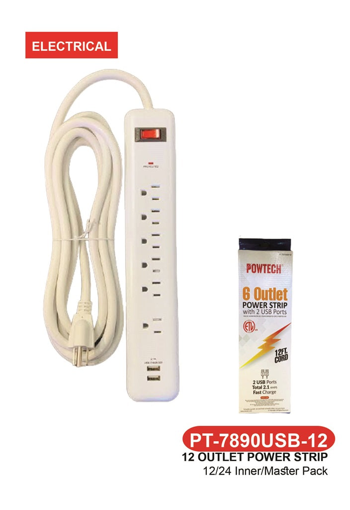 6 Outlet Power Strip With 2 USB 12 Ft.