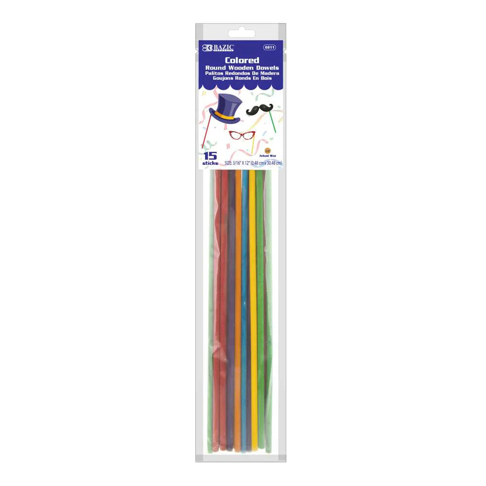 BAZIC 3/16" x 12" Round Multi-Colored Wooden