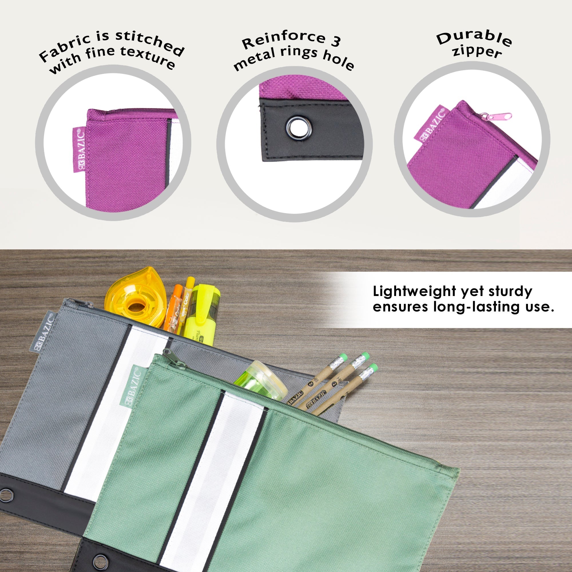 BAZIC Assorted Color 3-Ring Pencil Pouch