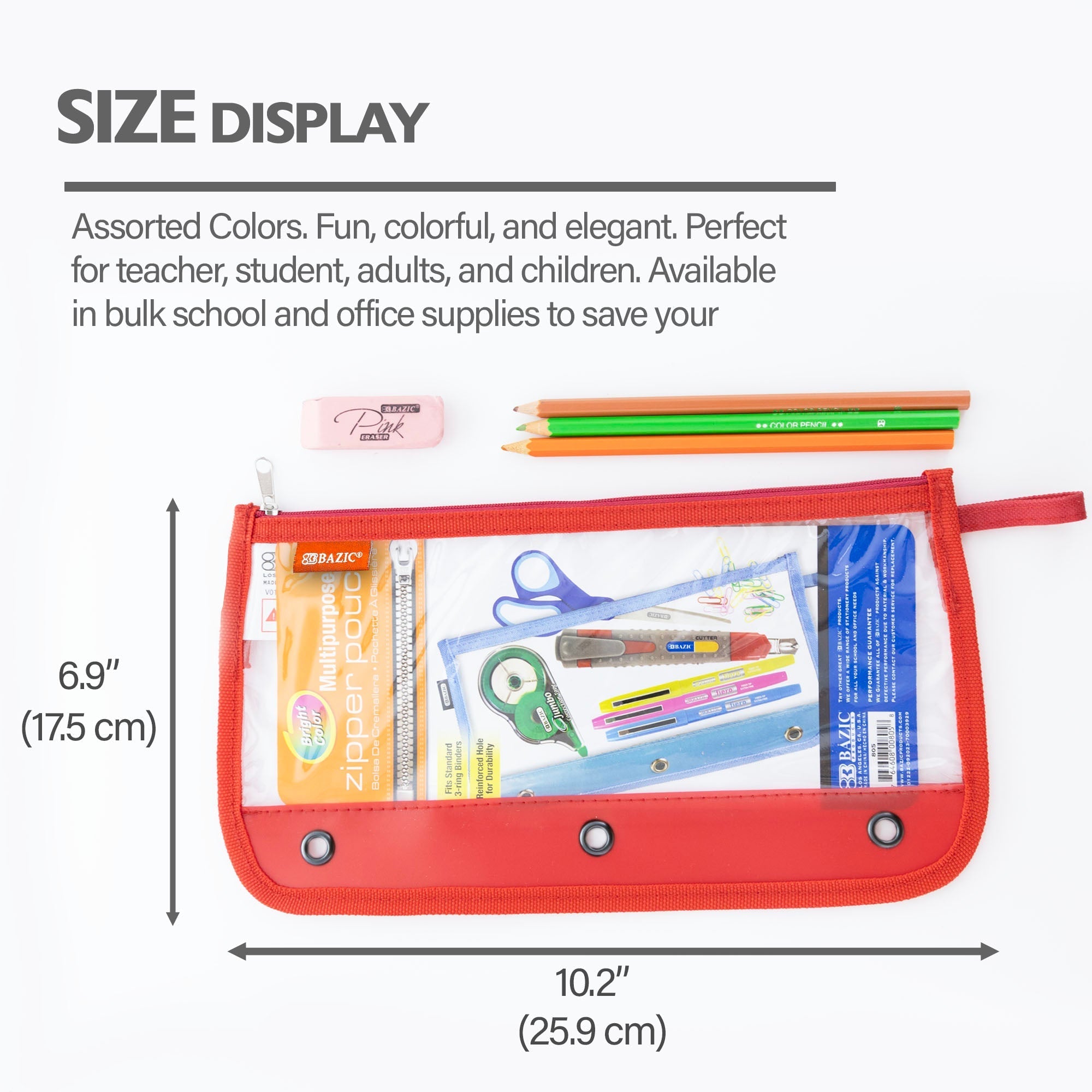 BAZIC 11.5" x 6.5" 3-ring Clear Pencil Pouch