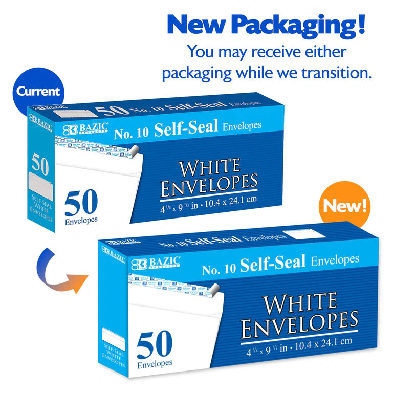 BAZIC #10 Self-Seal White Envelopes (50/Pack)