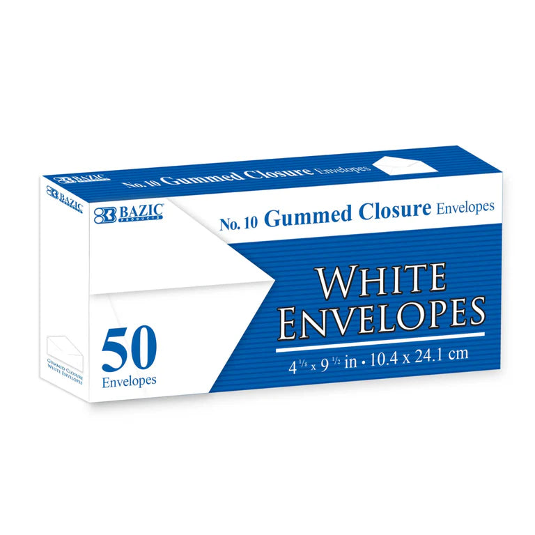 BAZIC #10 White Envelopes w/ Gummed Closure